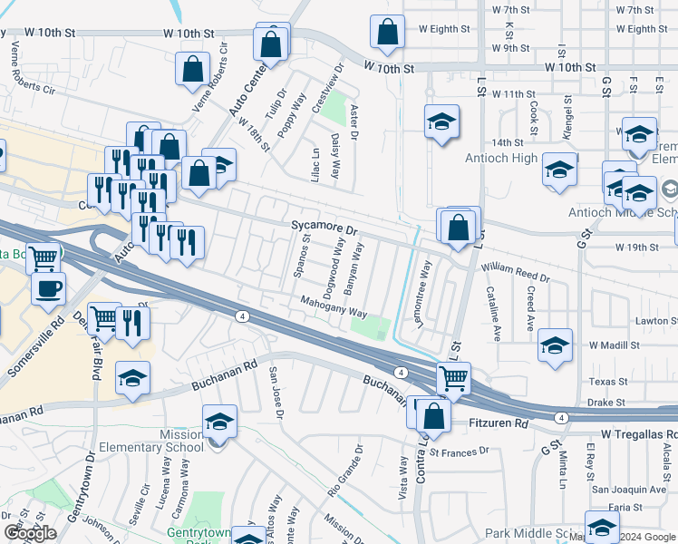map of restaurants, bars, coffee shops, grocery stores, and more near 2219 Dogwood Way in Antioch