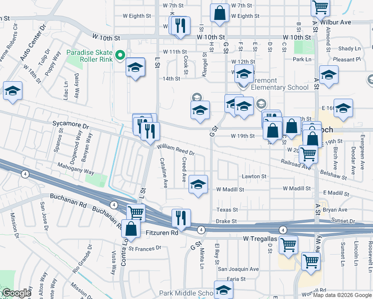 map of restaurants, bars, coffee shops, grocery stores, and more near 234 William Reed Drive in Antioch