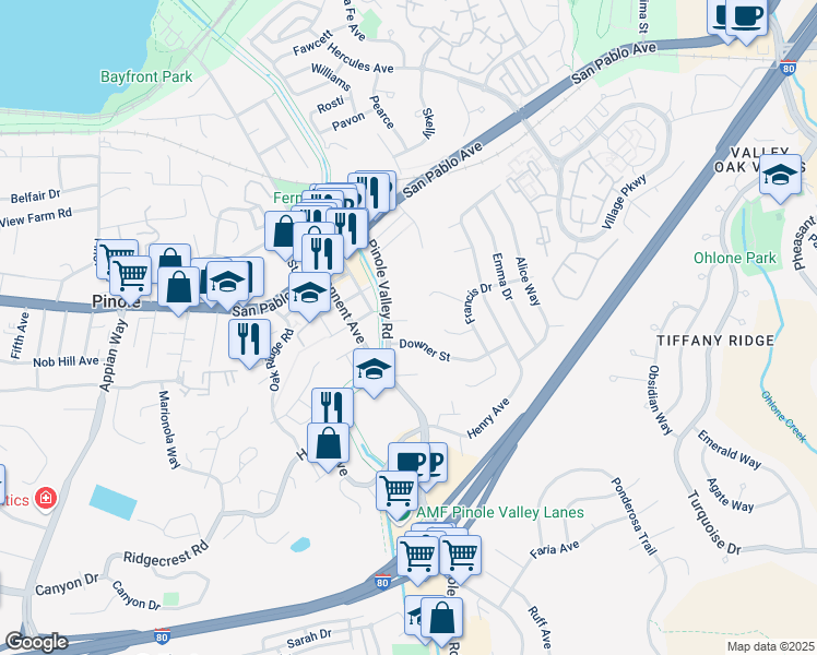 map of restaurants, bars, coffee shops, grocery stores, and more near 2525 Brandt Court in Pinole