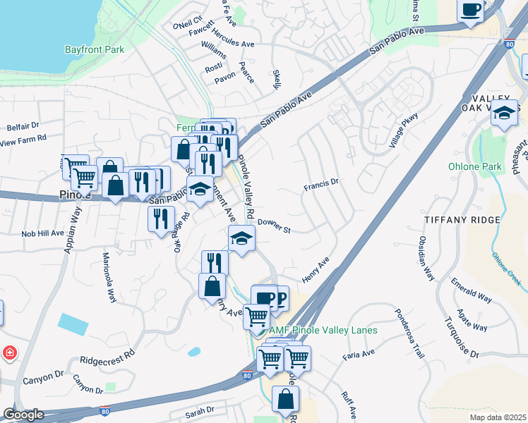 map of restaurants, bars, coffee shops, grocery stores, and more near 2525 Brandt Court in Pinole