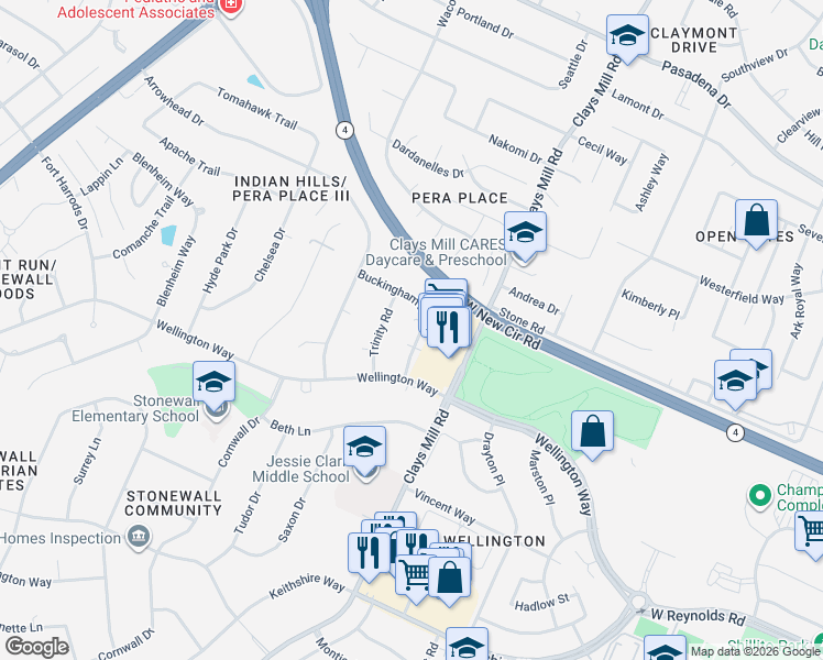 map of restaurants, bars, coffee shops, grocery stores, and more near 3124 Trinity Road in Lexington