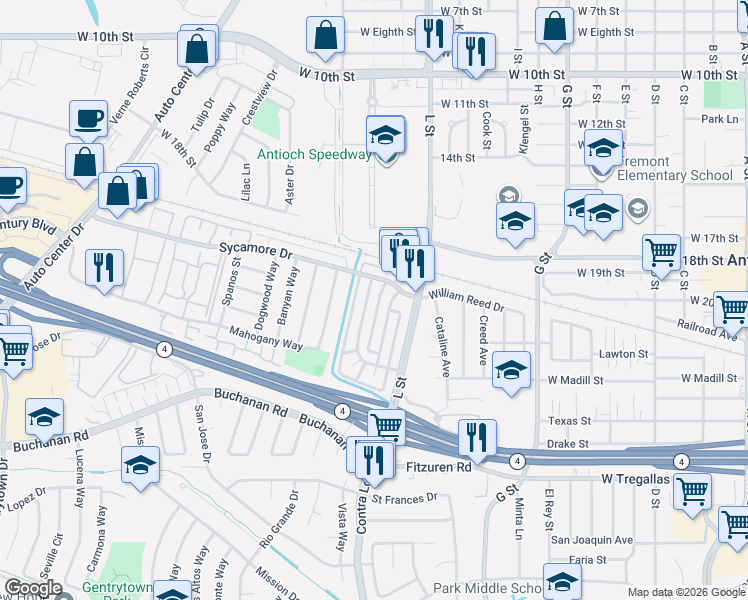 map of restaurants, bars, coffee shops, grocery stores, and more near 2113 Lemontree Way in Antioch