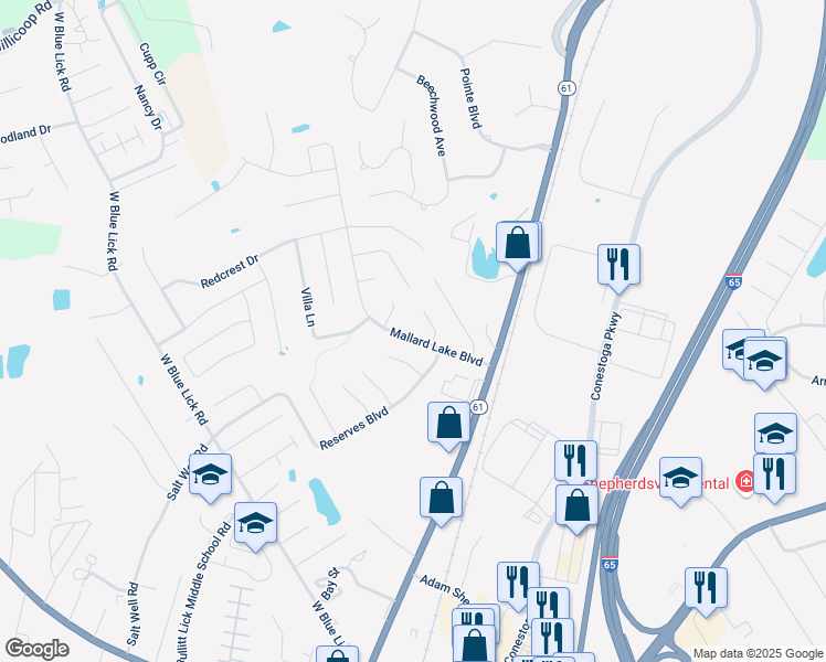 map of restaurants, bars, coffee shops, grocery stores, and more near 163 Mallard Trail in Shepherdsville