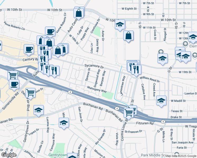 map of restaurants, bars, coffee shops, grocery stores, and more near 2219 Dogwood Way in Antioch