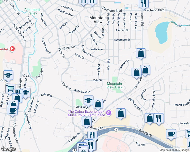 map of restaurants, bars, coffee shops, grocery stores, and more near 705 Wyoming Street in Martinez
