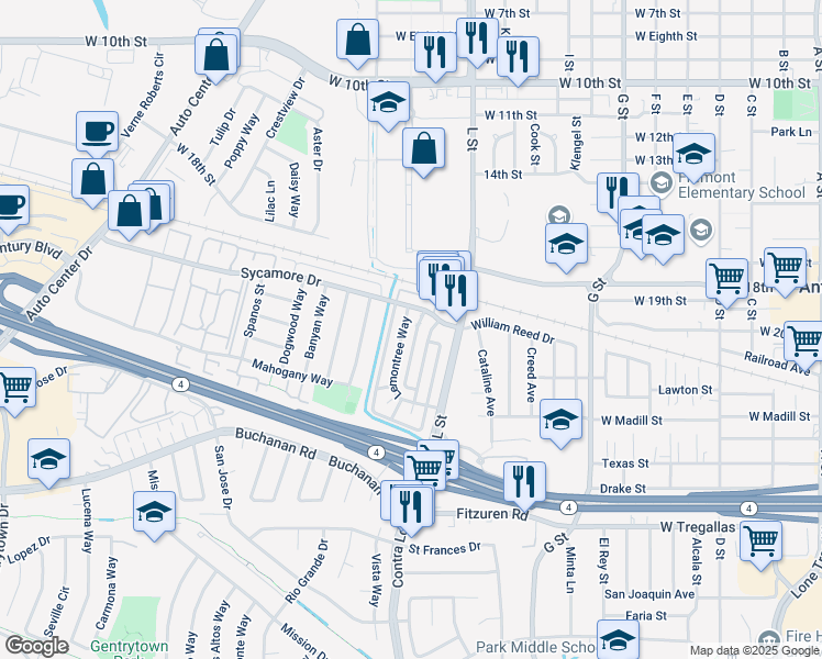 map of restaurants, bars, coffee shops, grocery stores, and more near 2104 Lemontree Way in Antioch