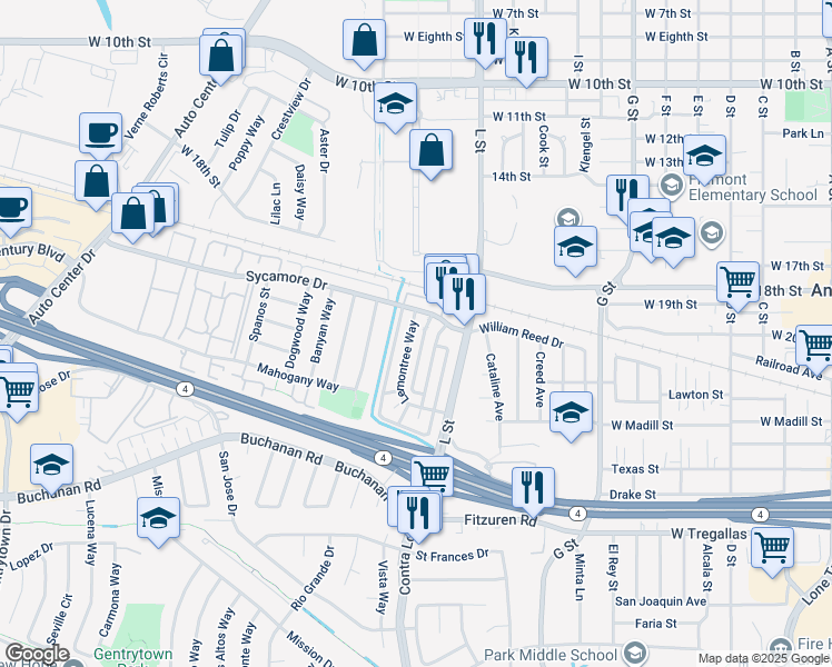 map of restaurants, bars, coffee shops, grocery stores, and more near 2104 Lemontree Way in Antioch
