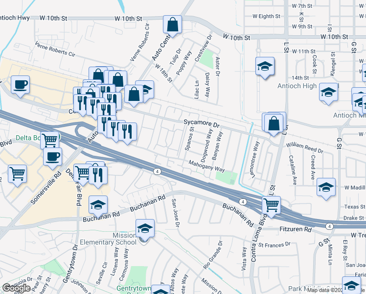 map of restaurants, bars, coffee shops, grocery stores, and more near 2208 Spanos Street in Antioch