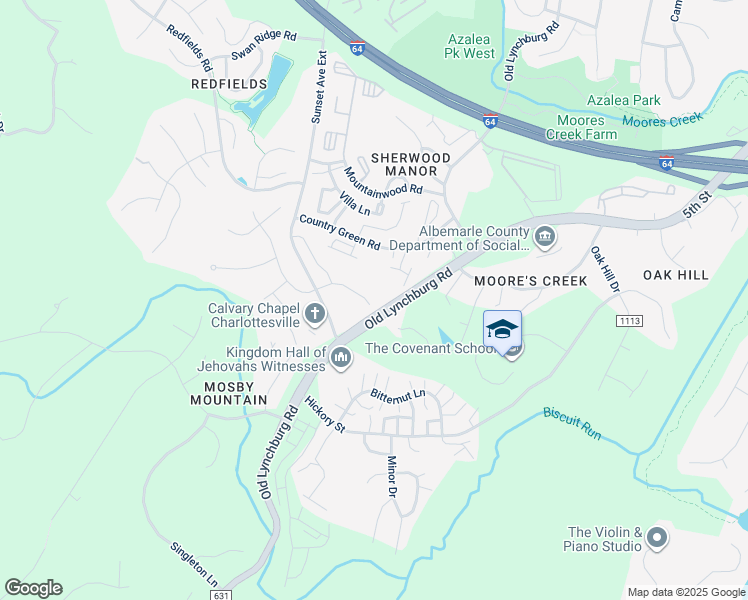 map of restaurants, bars, coffee shops, grocery stores, and more near 3075 Sun Valley Drive in Charlottesville