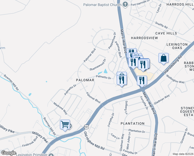 map of restaurants, bars, coffee shops, grocery stores, and more near 4053 Palmetto Drive in Lexington
