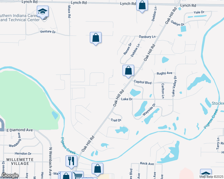 map of restaurants, bars, coffee shops, grocery stores, and more near 2901 Tiara Lane in Evansville