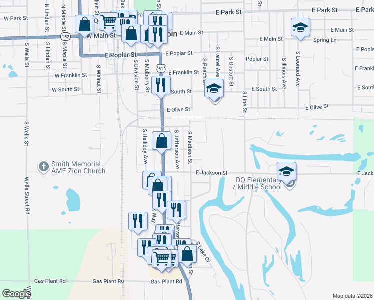 map of restaurants, bars, coffee shops, grocery stores, and more near 500-598 South Madison Street in Du Quoin