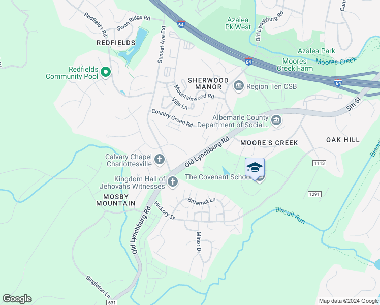 map of restaurants, bars, coffee shops, grocery stores, and more near 3075 Sun Valley Drive in Charlottesville