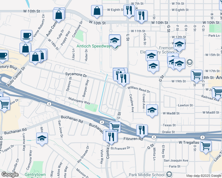 map of restaurants, bars, coffee shops, grocery stores, and more near 2113 Lemontree Way in Antioch