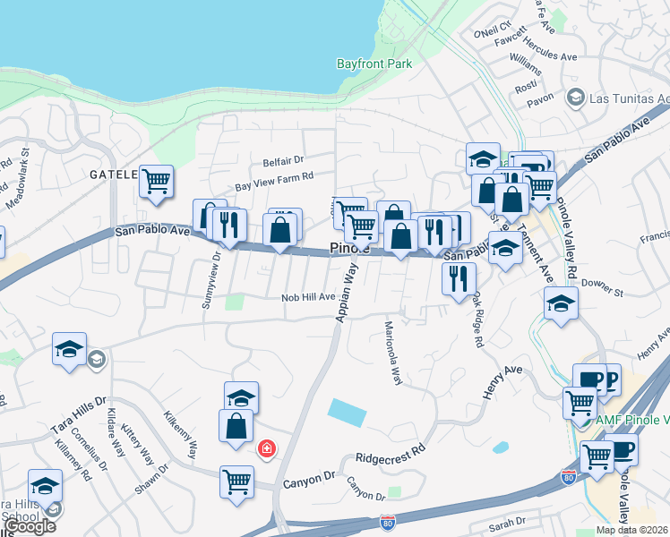 map of restaurants, bars, coffee shops, grocery stores, and more near 743 2nd Avenue in Pinole