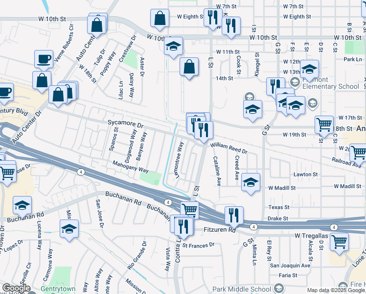 map of restaurants, bars, coffee shops, grocery stores, and more near 2104 Lemontree Way in Antioch