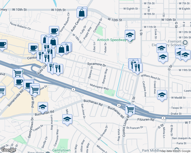 map of restaurants, bars, coffee shops, grocery stores, and more near 1713 Magnolia Way in Antioch