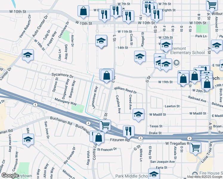map of restaurants, bars, coffee shops, grocery stores, and more near L Street & Sycamore Drive in Antioch
