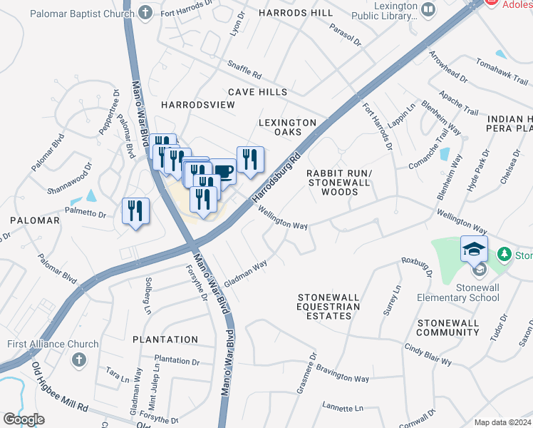 map of restaurants, bars, coffee shops, grocery stores, and more near 3601 Rabbits Foot Trail in Lexington