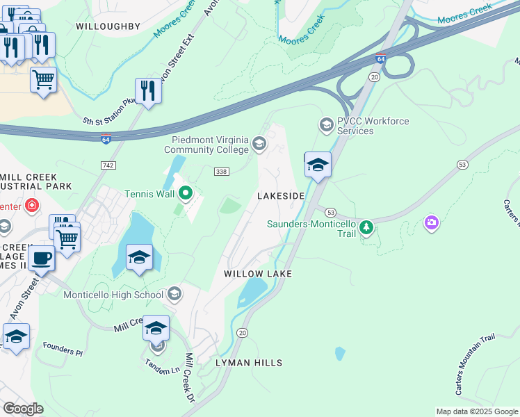 map of restaurants, bars, coffee shops, grocery stores, and more near 1195 Maple View Drive in Charlottesville