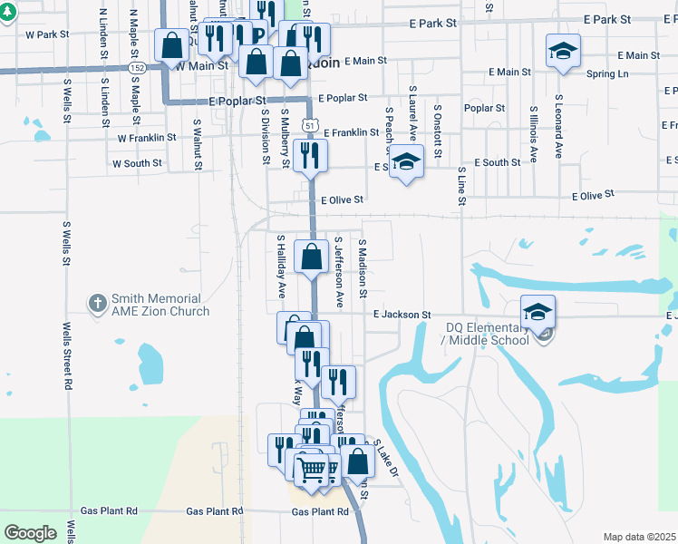 map of restaurants, bars, coffee shops, grocery stores, and more near 599 South Jefferson Avenue in Du Quoin