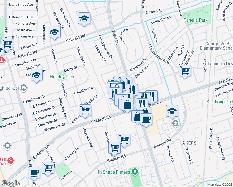 map of restaurants, bars, coffee shops, grocery stores, and more near 1163 East March Lane in Stockton