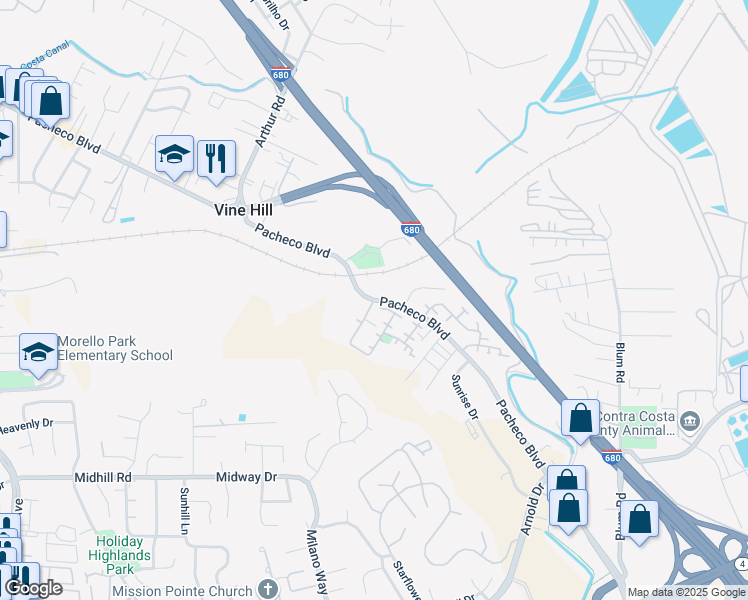 map of restaurants, bars, coffee shops, grocery stores, and more near Pacheco Boulevard & Falling Star Drive in Vine Hill