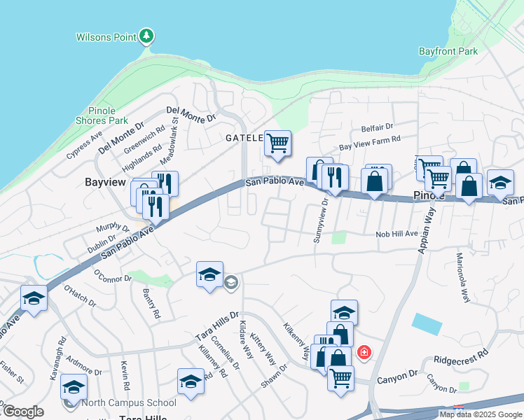 map of restaurants, bars, coffee shops, grocery stores, and more near 880 Meadow Avenue in Pinole