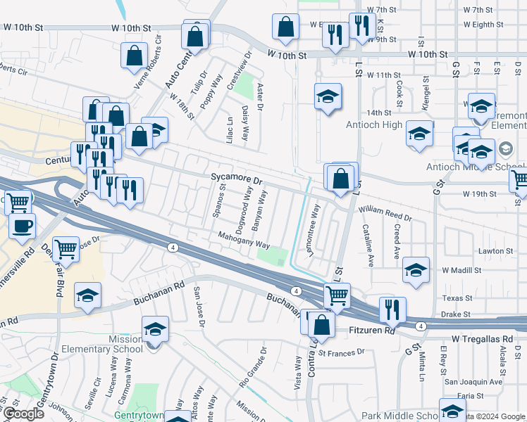 map of restaurants, bars, coffee shops, grocery stores, and more near 2209 Banyan Way in Antioch