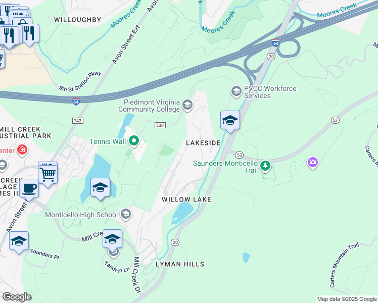 map of restaurants, bars, coffee shops, grocery stores, and more near 1195 Maple View Drive in Charlottesville