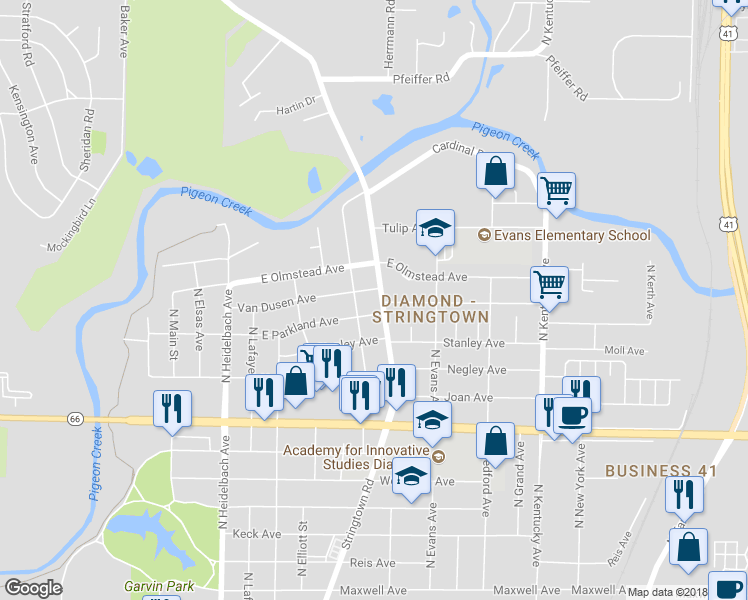 map of restaurants, bars, coffee shops, grocery stores, and more near 2614 Stringtown Road in Evansville