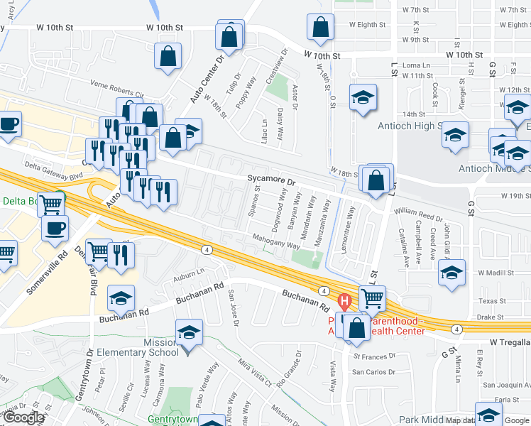 map of restaurants, bars, coffee shops, grocery stores, and more near 1715 Magnolia Way in Antioch