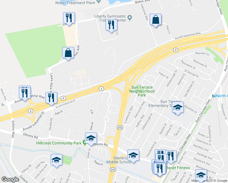 map of restaurants, bars, coffee shops, grocery stores, and more near 3845 Northwood Drive in Concord