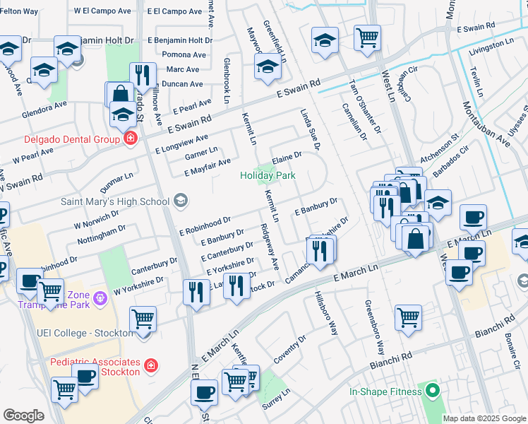 map of restaurants, bars, coffee shops, grocery stores, and more near 435 East Robinhood Drive in Stockton