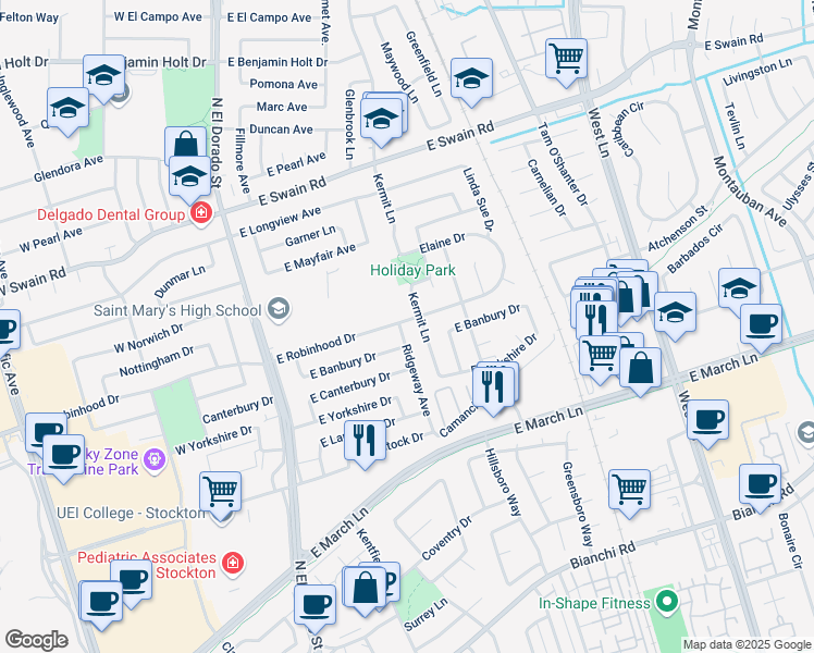 map of restaurants, bars, coffee shops, grocery stores, and more near 435 East Robinhood Drive in Stockton