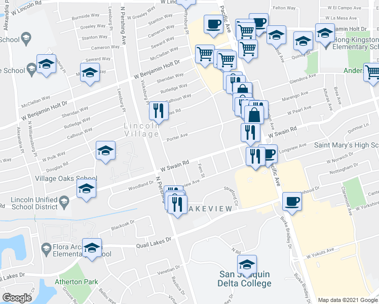 map of restaurants, bars, coffee shops, grocery stores, and more near 1141 West Swain Road in Stockton