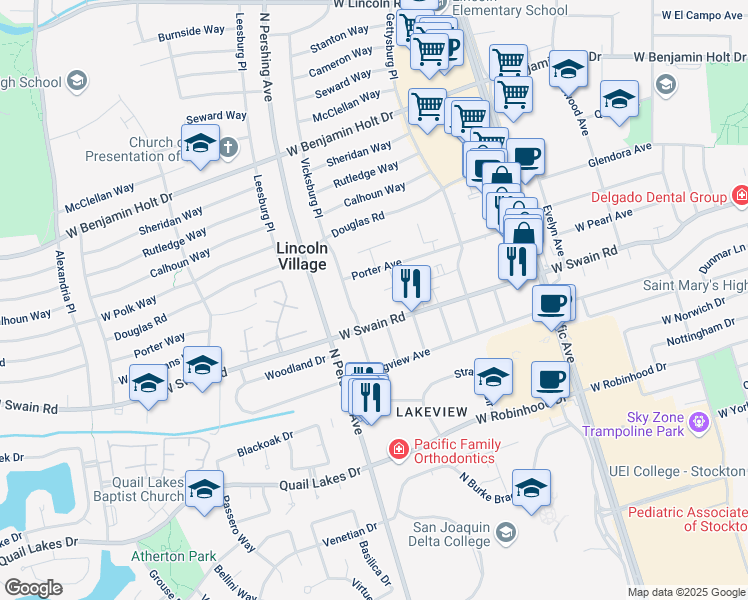 map of restaurants, bars, coffee shops, grocery stores, and more near 1141 West Swain Road in Stockton