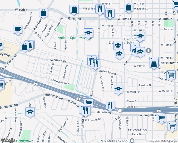 map of restaurants, bars, coffee shops, grocery stores, and more near 1092 Sycamore Drive in Antioch