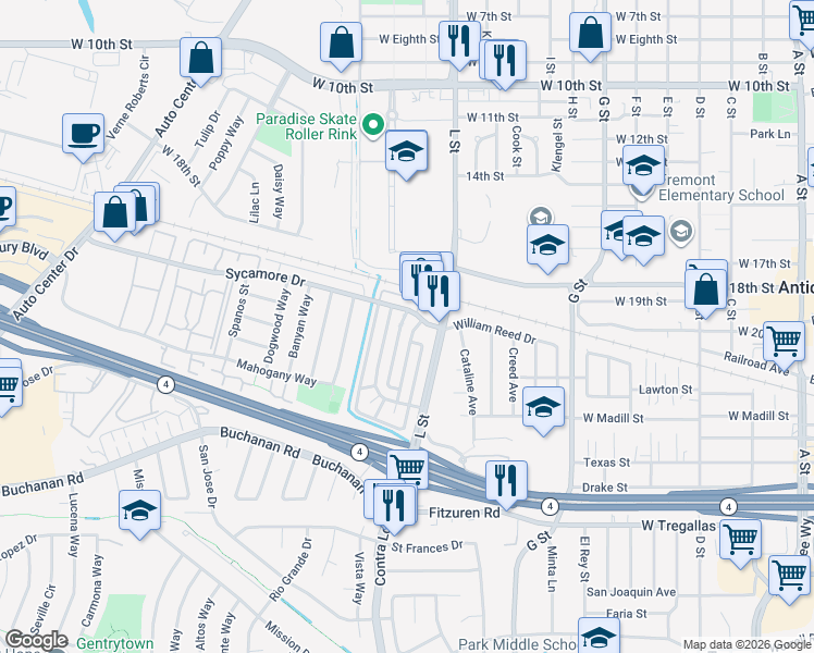 map of restaurants, bars, coffee shops, grocery stores, and more near 1092 Sycamore Drive in Antioch