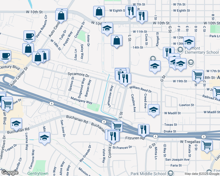 map of restaurants, bars, coffee shops, grocery stores, and more near 2104 Lemontree Way in Antioch