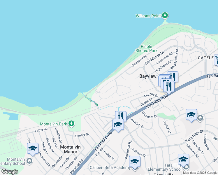 map of restaurants, bars, coffee shops, grocery stores, and more near in Bayview-Montalvin