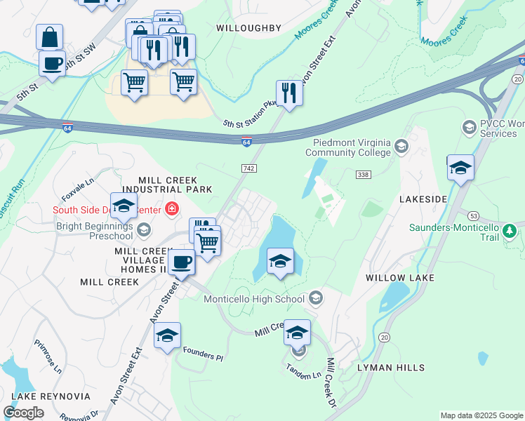 map of restaurants, bars, coffee shops, grocery stores, and more near 1225 Swan Lake Drive in Charlottesville