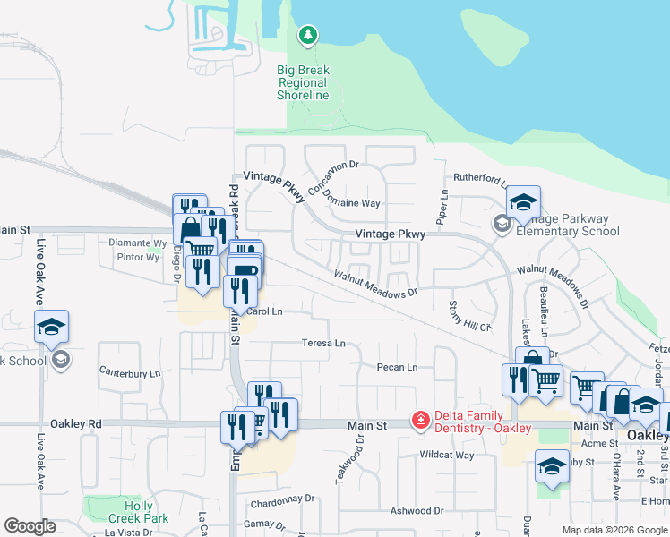 map of restaurants, bars, coffee shops, grocery stores, and more near 5415 Sunset Meadows Lane in Oakley