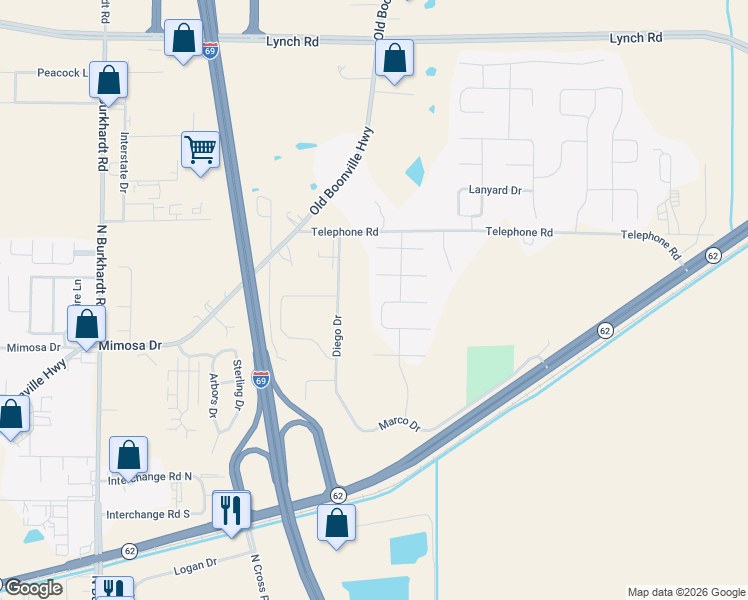 map of restaurants, bars, coffee shops, grocery stores, and more near 7547 Barnum Court in Evansville