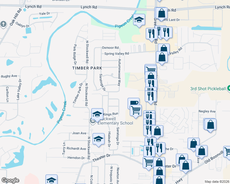 map of restaurants, bars, coffee shops, grocery stores, and more near 4212 Derby Lane in Evansville