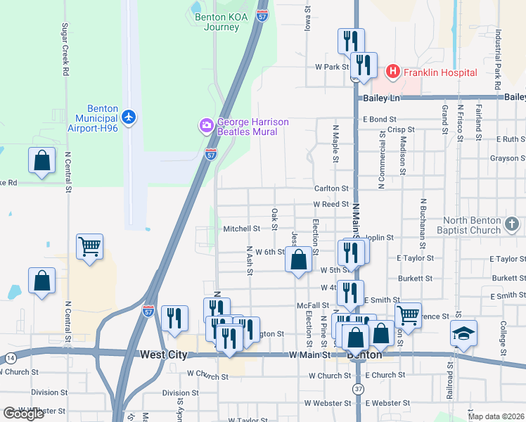 map of restaurants, bars, coffee shops, grocery stores, and more near 500-598 West Reed Street in Benton