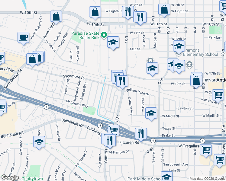 map of restaurants, bars, coffee shops, grocery stores, and more near 1092 Sycamore Drive in Antioch