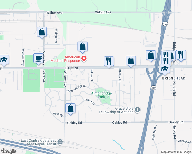 map of restaurants, bars, coffee shops, grocery stores, and more near 1906 Wilson Court in Antioch