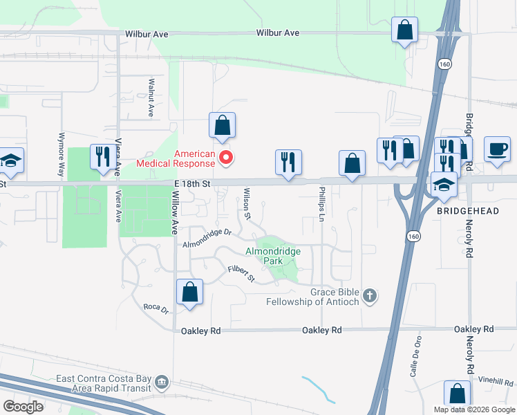 map of restaurants, bars, coffee shops, grocery stores, and more near 1906 Wilson Court in Antioch