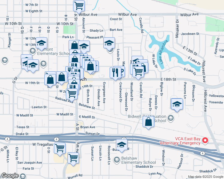 map of restaurants, bars, coffee shops, grocery stores, and more near 1910 Alpha Way in Antioch
